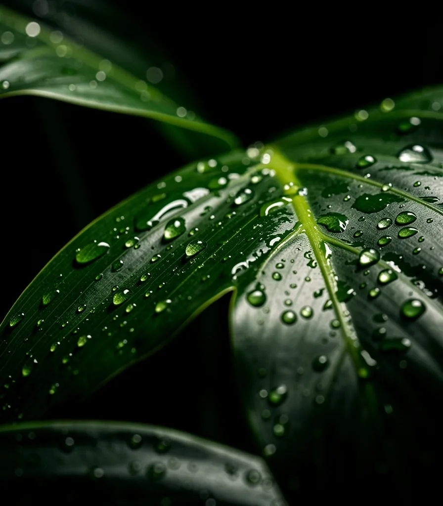 Fresh green botanical leaves with dew in dramatic light