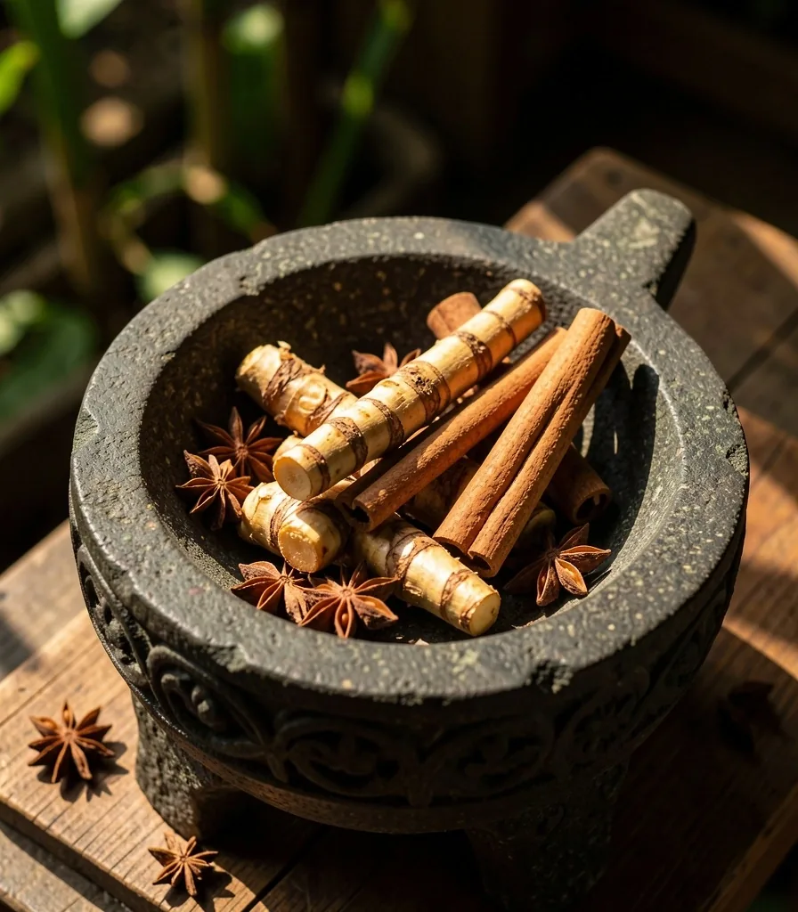 Indonesian botanical herbs and roots on dark stone