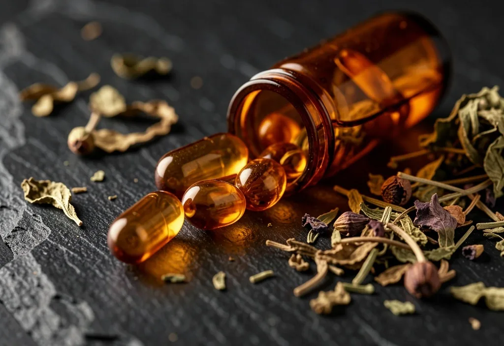 Natural supplement capsules on a dark surface