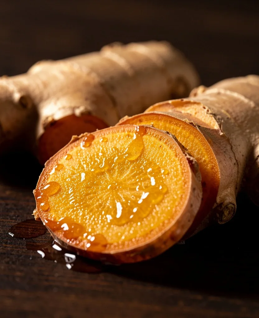 Macro of ginger root with water droplets