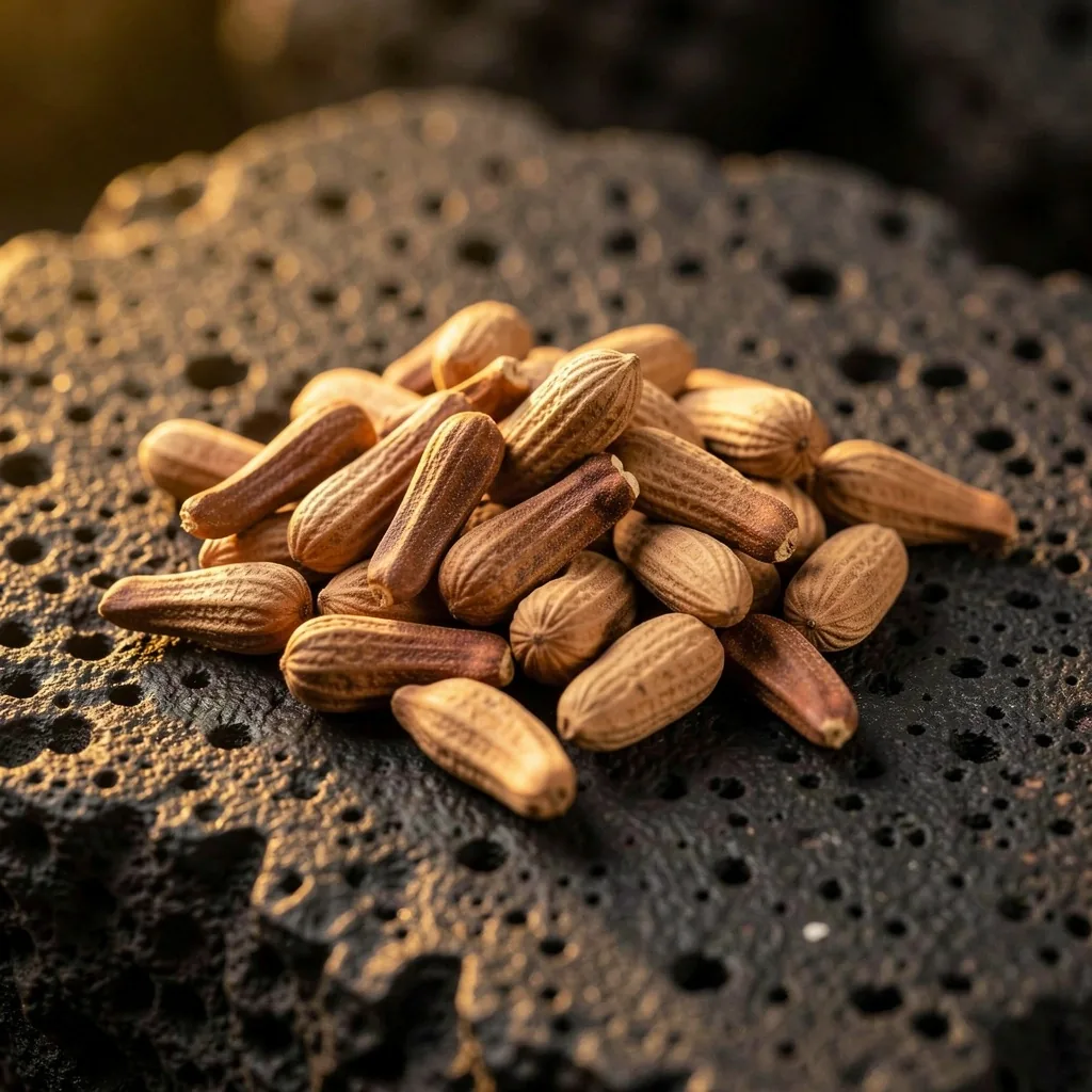 Macro photograph of Indonesian botanical ingredients on a dark surface