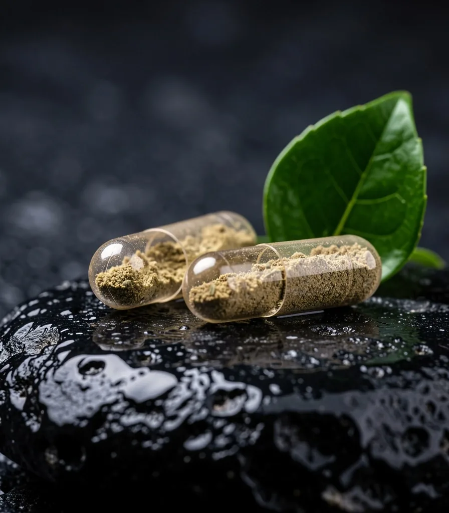 Natural supplement capsules on a dark stone surface