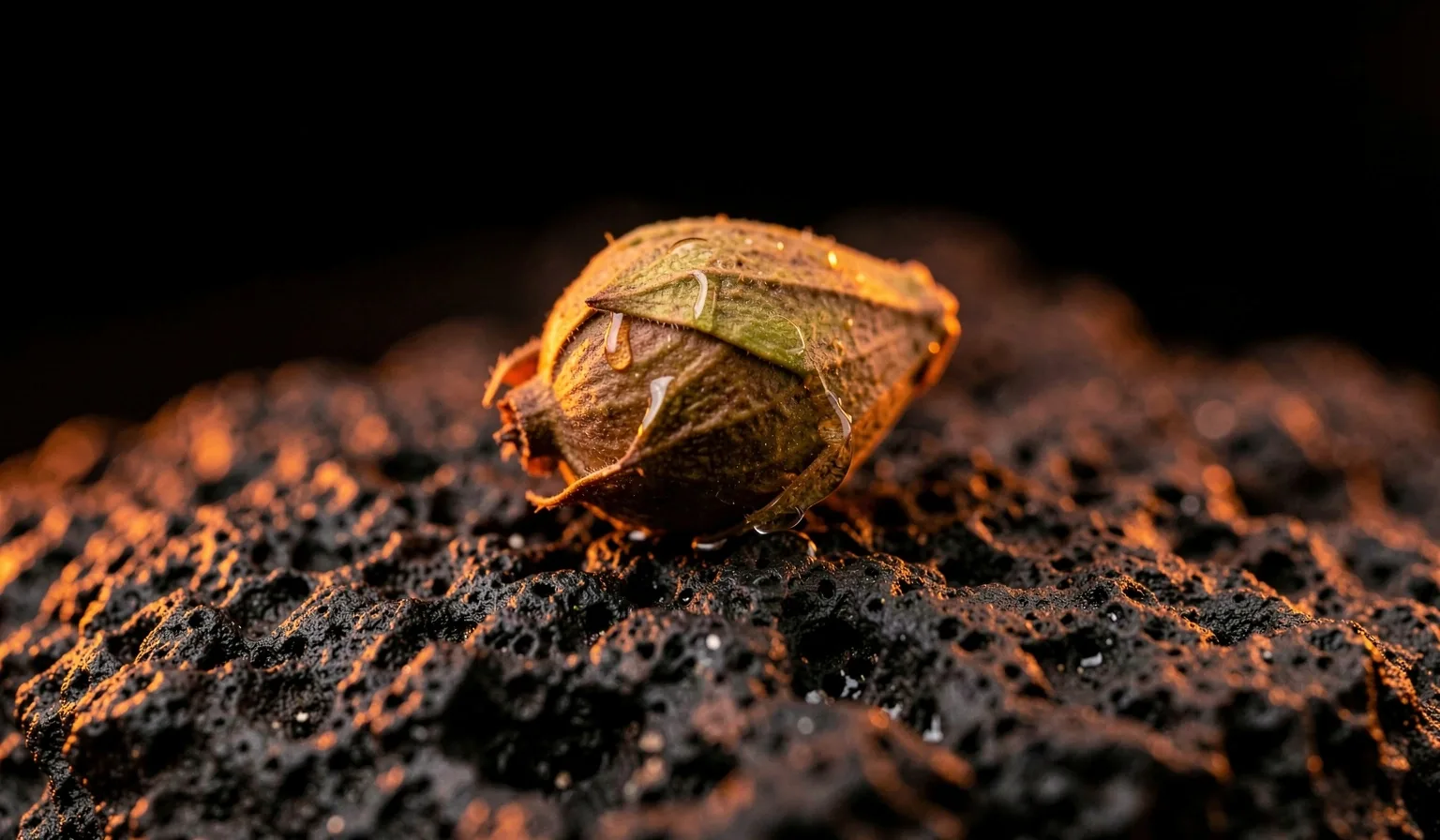 Natural supplement capsule on dark stone surface