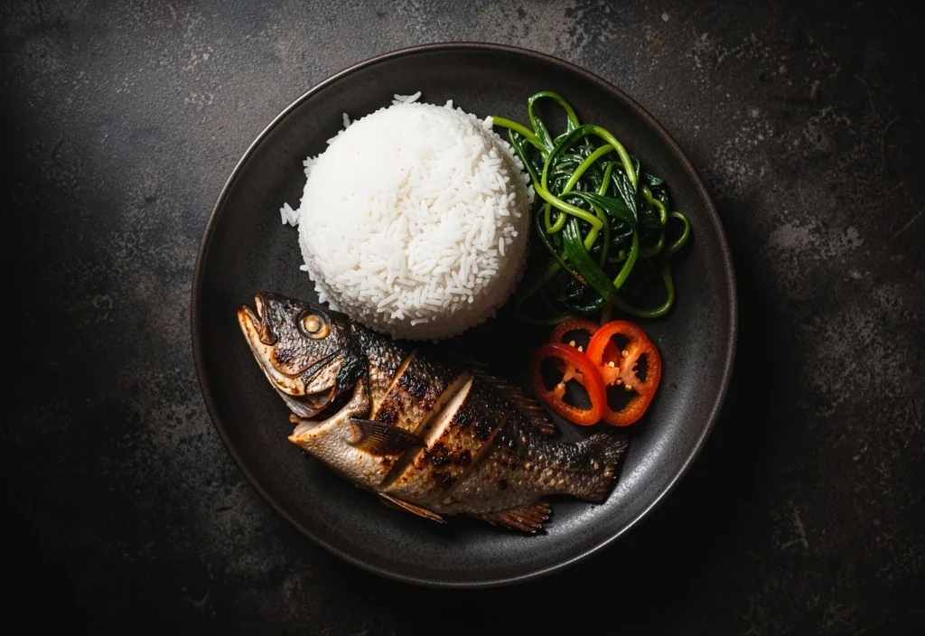 Balanced Indonesian meal with fish, rice, and greens