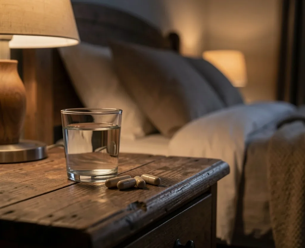 Herbal tea and mineral capsule on nightstand