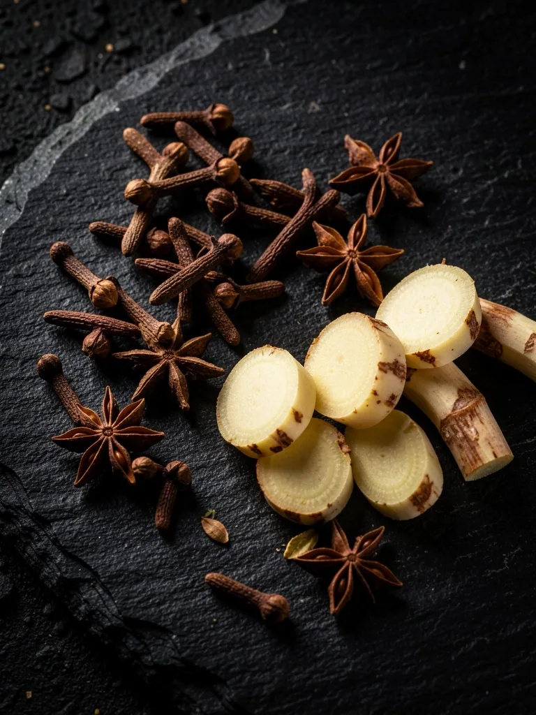Indonesian botanical ingredients on dark surface