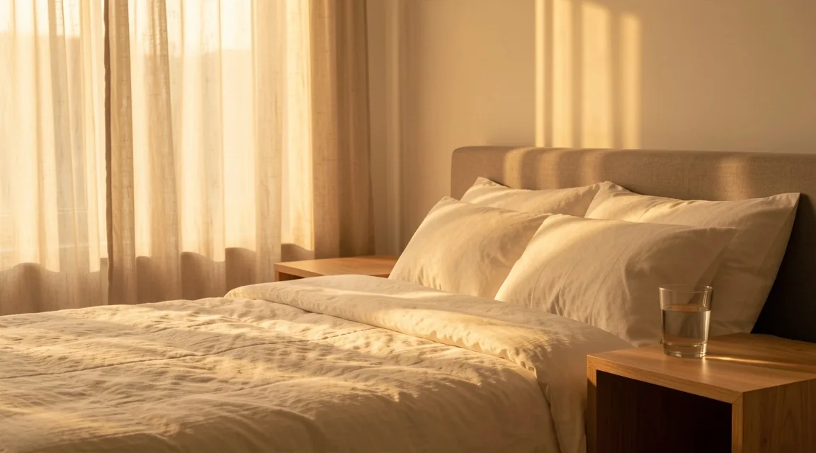 Peaceful bedroom at dawn with soft light