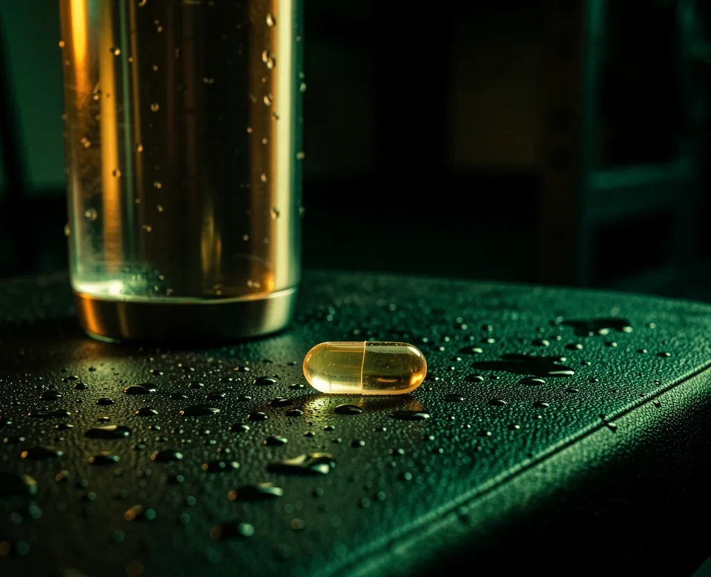 Water bottle and capsule on gym bench